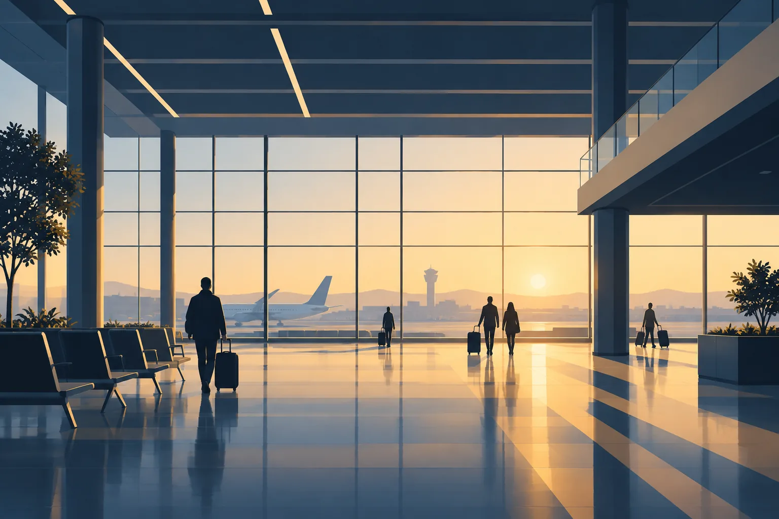 Illustration of an airport departure hall interior.