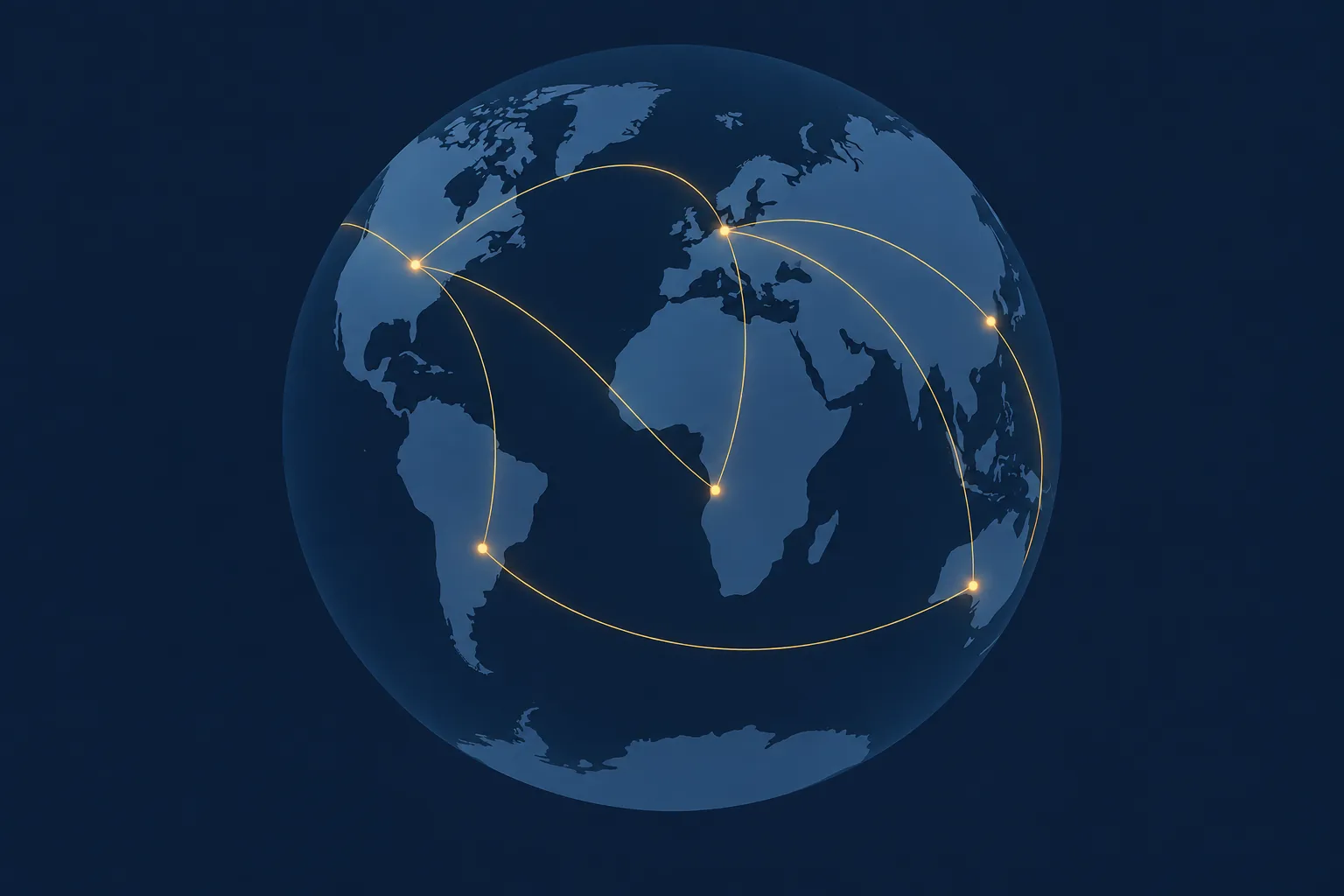 Illustration of a stylized globe with flight-path arcs.