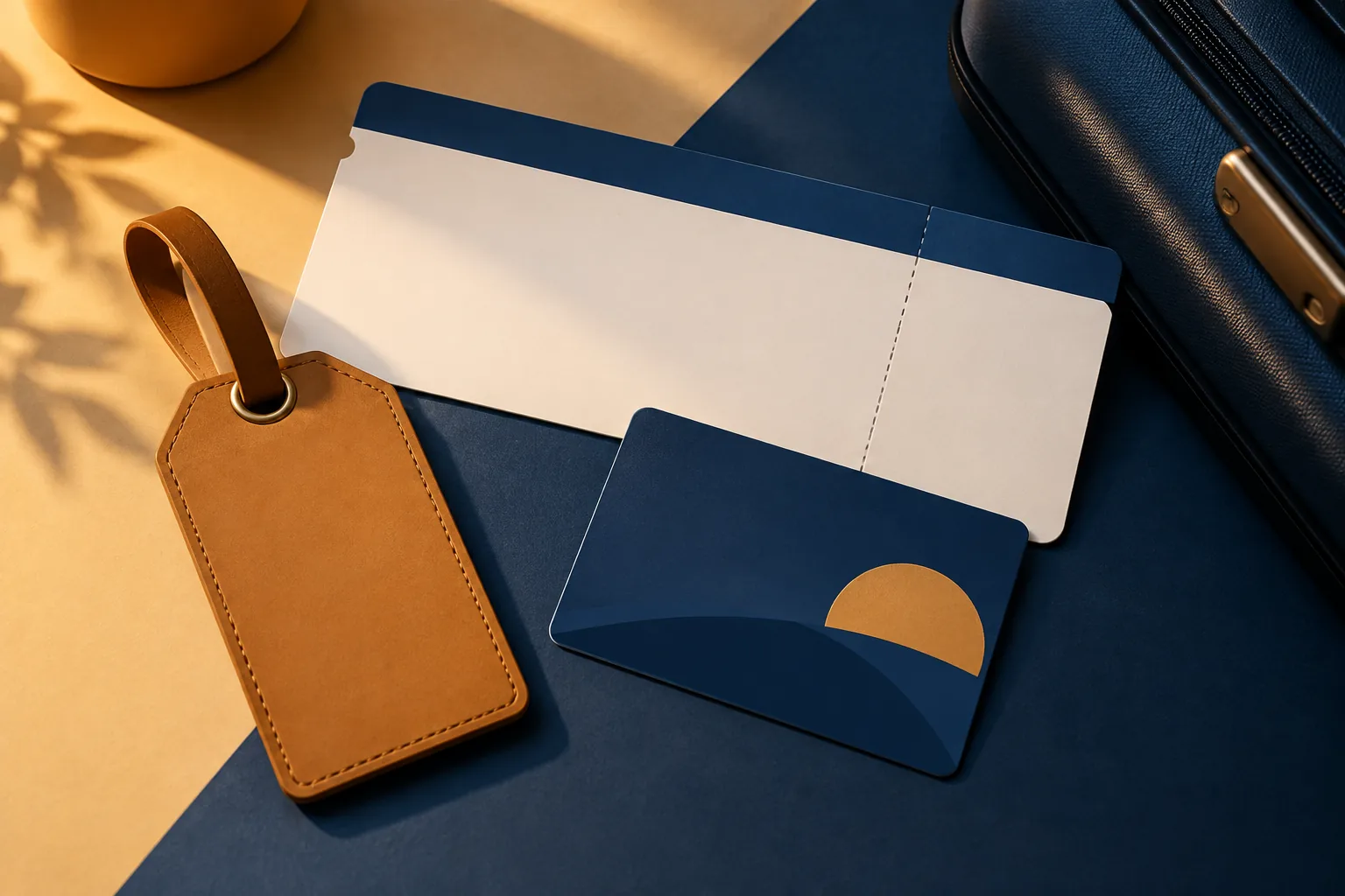 Illustration of a boarding pass, luggage tag, and rewards card.